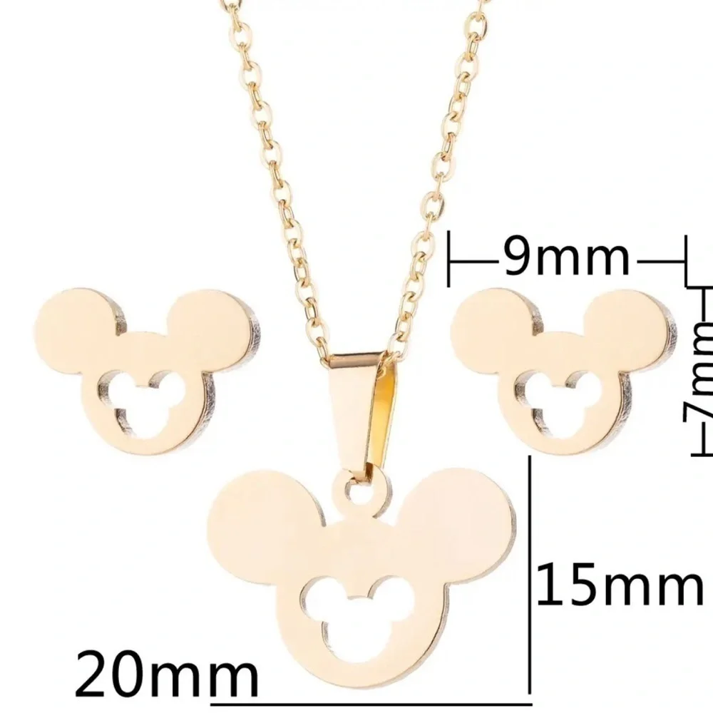 18K White Gold (Rhodium) Plated Disney Mickey Mouse Head Necklace & Earrings Set